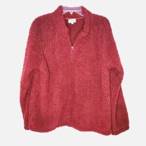 Red Sherpa Pullover Burgundy  Quarter Zip Sweatshirt Top Women Size XL